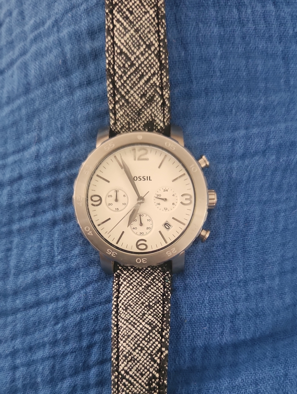 Fossil Silver Chronograph Watch with Black & White Patterned Strap